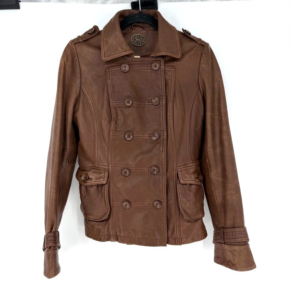 Anthropologie Idra Brown Leather Military Jacket Womens Small Double Breasted